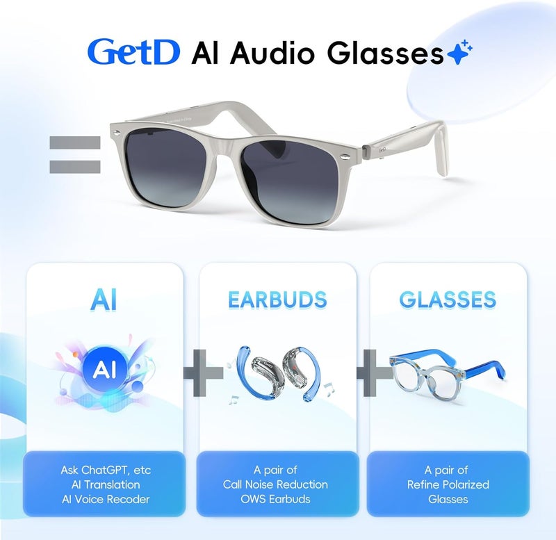 GetD AI Glasses for Men & Women, Smart Glasses Powered by ChatGPT, AI Real-time Translation with 107 languages, 11H Music Play, Bluetooth Sunglasses with Polarized Lens, UV Protection for Daily Use, Travel - Image 2